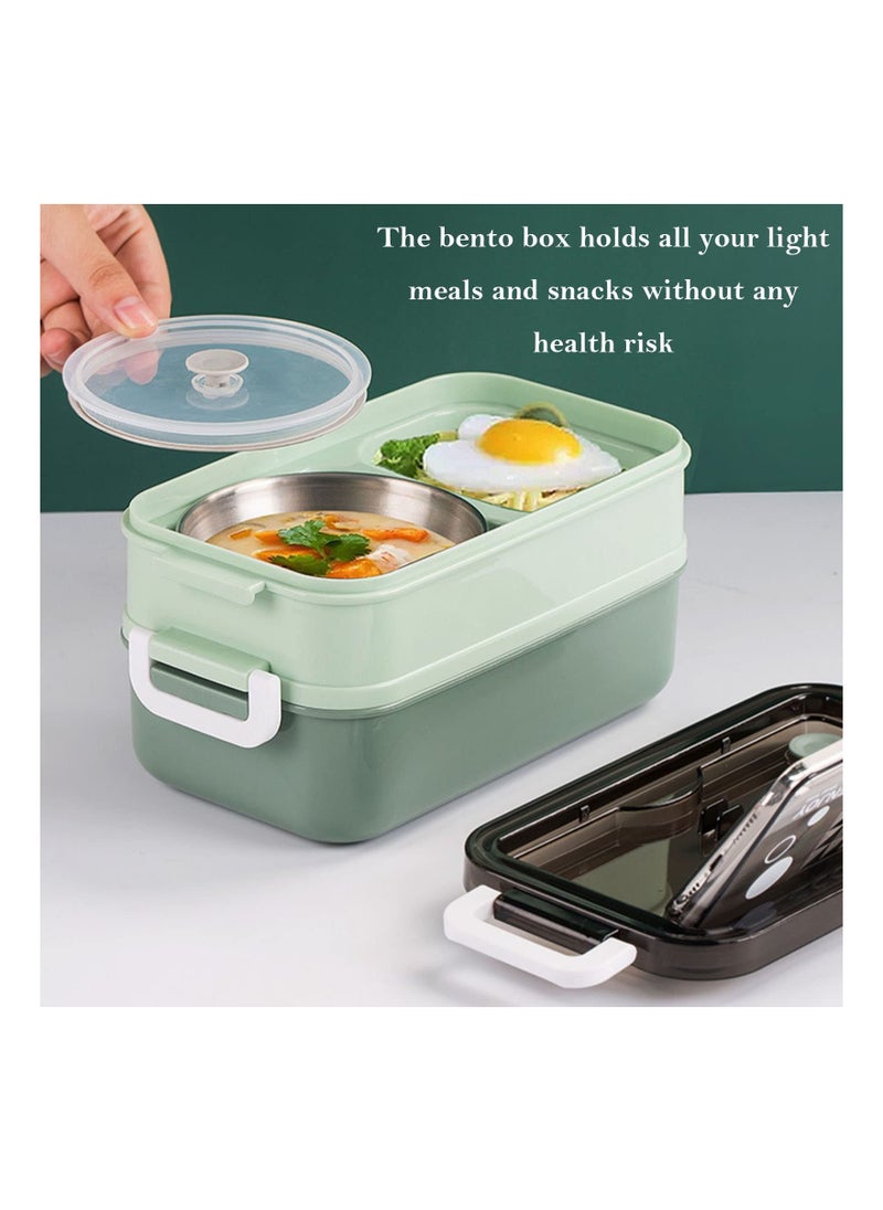 SYOSI - Bento Lunch Box, 2 in 1 Stainless Lunch Box Leak-Proof Versatile 3 Compartment Food Containers Adults On-the-Go Balanced Eating Boxes with Sauce Container, Cutlery & Chopsticks, BPA Free Green - Image 1