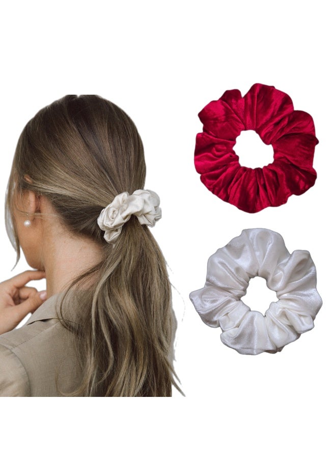 Luxury Velvet Scrunchies Set for Women & Girls – Soft Elastic Hair Ties, White & Red, No Damage Hair Accessories - Image 1