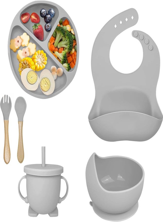 Prakid 7 in 1 Silicone Baby Feeding Set | Complete Baby Tableware Set with Suction Plate, Bowl, Spoon, Fork, Cup & Bib | BPA-Free, Microwave Safe | Easy to Clean | Perfect Feeding Kit for Baby | Grey - Image 1