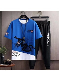 Generic Short Sleeve Printed T-shirt  Pants Set [Pants set] motorcycle Blue 