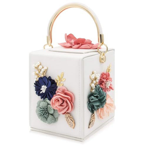 Milisente Evening Clutch Bag for Women Floral Square Box Evening Bags Crossbody Shoulder handBags Flower Wedding Clutch Purse (White) - Image 1
