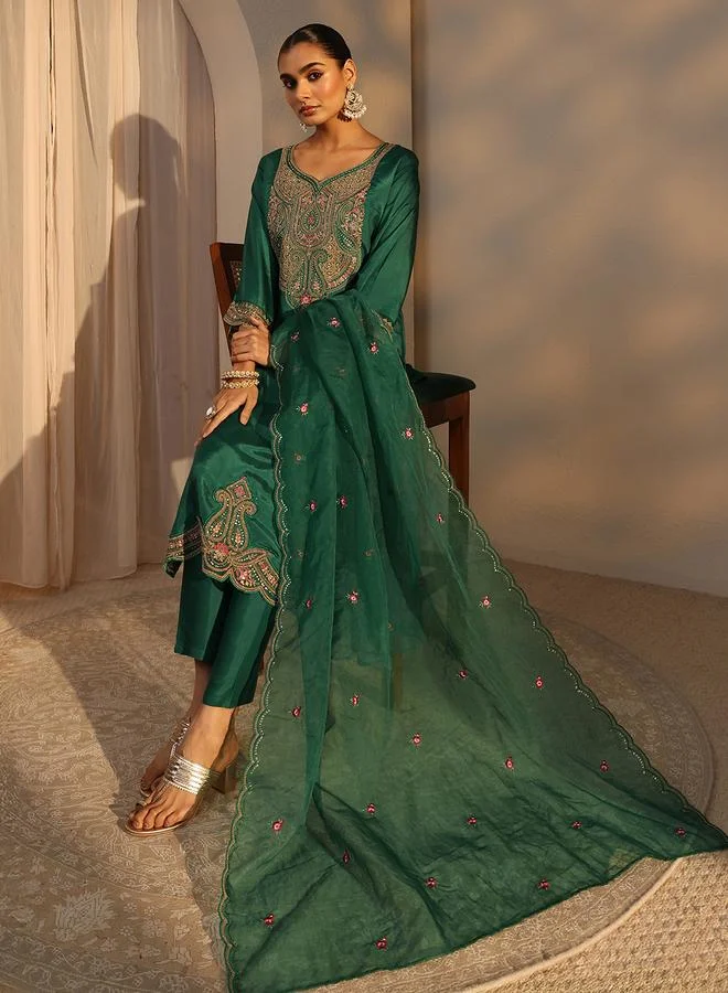 Libas Green Embroidered Silk Blend Straight Kurta With Trouser And Dupatta Set
