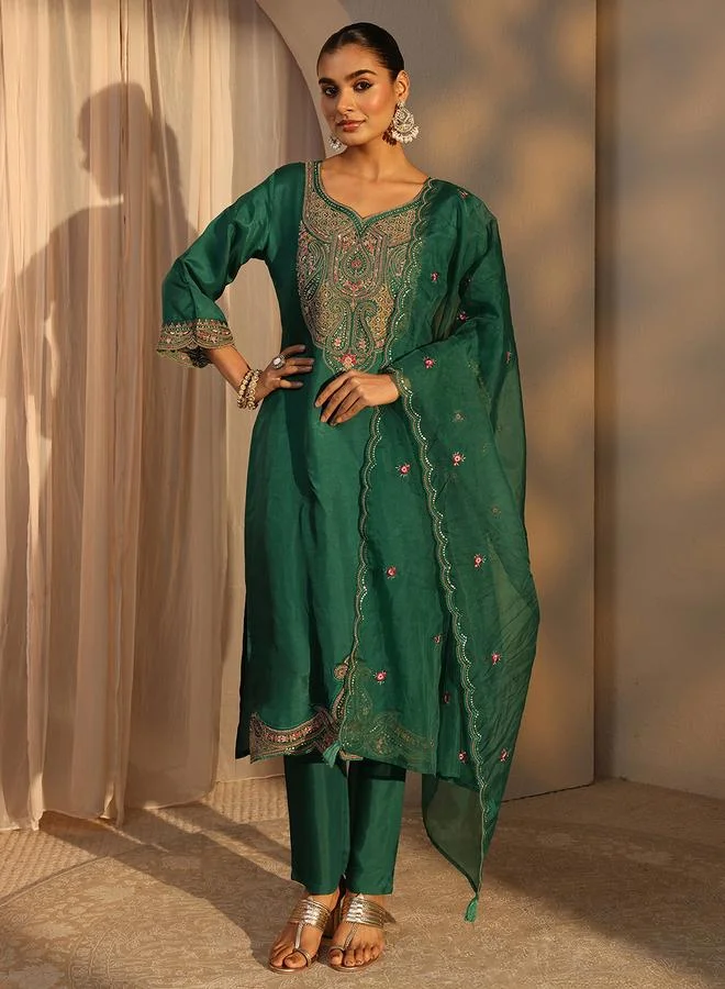 Libas Green Embroidered Silk Blend Straight Kurta With Trouser And Dupatta Set