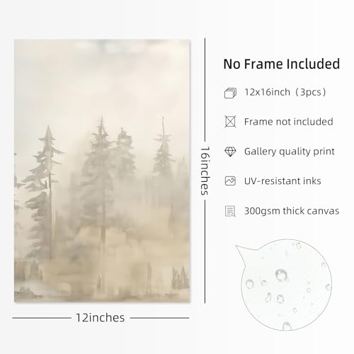 Youillne Foggy Forest Wall Art Decor Fir Tree Wall Art Nature Landscape Canvas Pictures Abstract Forest Prints Painting Farmhouse Vintage Artwork Poster for Bedroom Living Room 12x16 Inch Unframed Set of 3 - Image 3