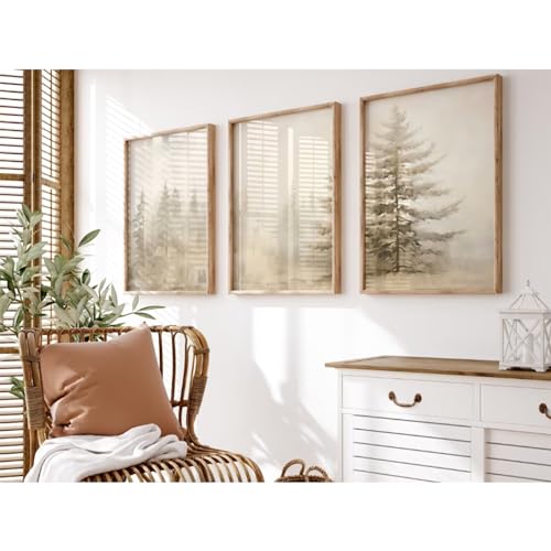 Youillne Foggy Forest Wall Art Decor Fir Tree Wall Art Nature Landscape Canvas Pictures Abstract Forest Prints Painting Farmhouse Vintage Artwork Poster for Bedroom Living Room 12x16 Inch Unframed Set of 3 - Image 1