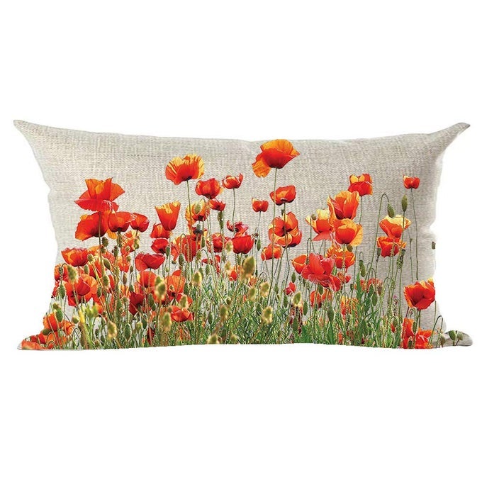 INK PAINTING WATERCOLOR BEAUTIFUL RED ORANGE POPPY FLOWERS DECORATIVE LUMBAR THROW PILLOW COVER CASE HOME LIVING ROOM BED SOFA CAR COTTON LINEN RECTANGULAR 12 X 20 INCHES