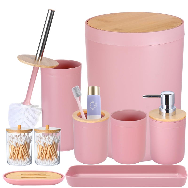 iMucci 9Pcs Pink Bathroom Accessories Set  with Trash CanToilet BrushToothbrush Holder Lotion Soap Dispenser Soap DishToothbrush CupQtip HolderTray