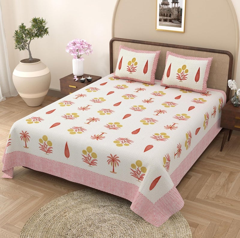 EasyGoods 100 Pure Cotton Rajasthani Jaipuri Sanganeri Print Double Bedsheet with 2 Pillow CoversGulmohar Bedsheet for Double Bed King Size240 TC Premium Printed Flat BedSheet 91x106 InchPink - Image 1