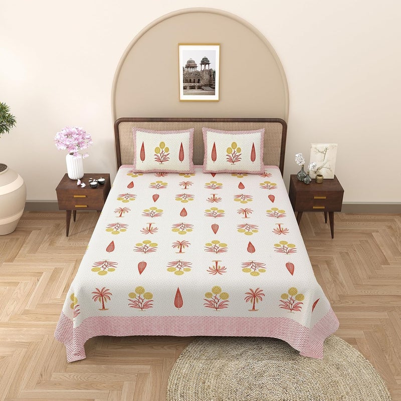 EasyGoods 100 Pure Cotton Rajasthani Jaipuri Sanganeri Print Double Bedsheet with 2 Pillow CoversGulmohar Bedsheet for Double Bed King Size240 TC Premium Printed Flat BedSheet 91x106 InchPink - Image 4