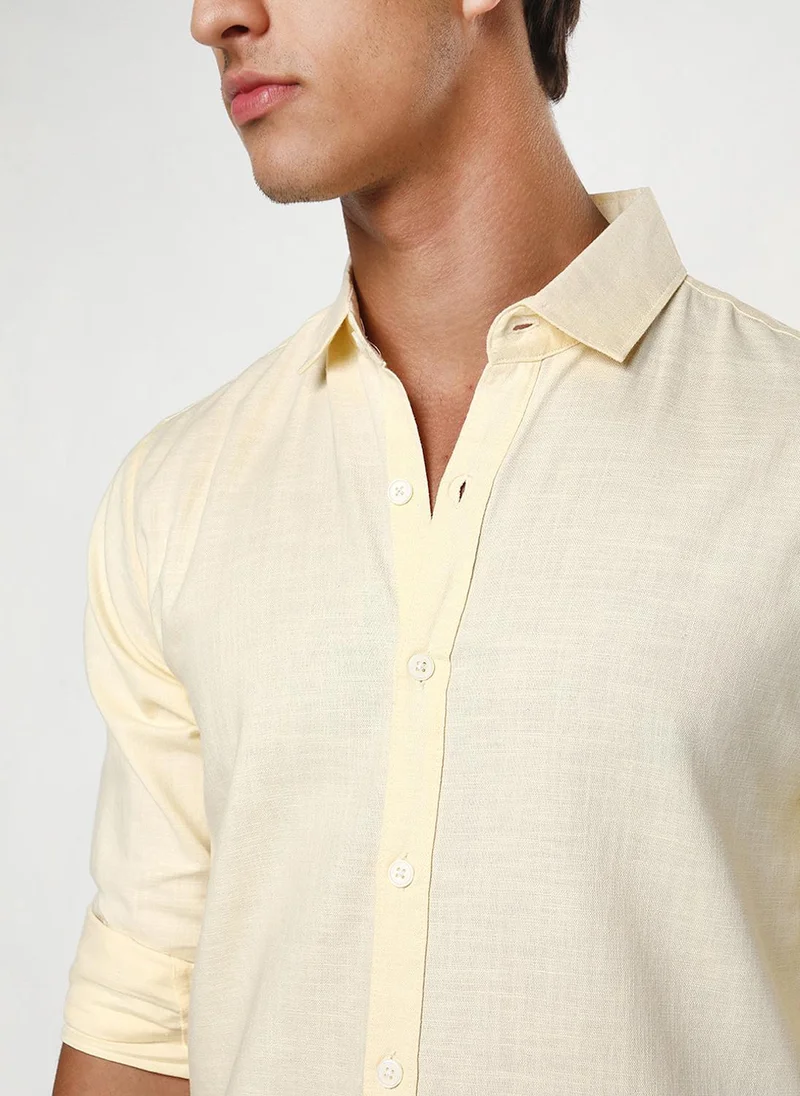 Urbano Fashion  Urbano Fashion Men's Tender Yellow Linen Blend Full Sleeve Relaxed Fit Casual Solid Shirt for Men | Best Price UAE