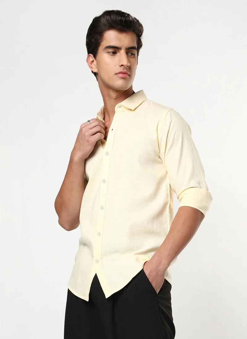 Urbano Fashion Men's Tender Yellow Linen Blend Full Sleeve Relaxed Fit Casual Solid Shirt