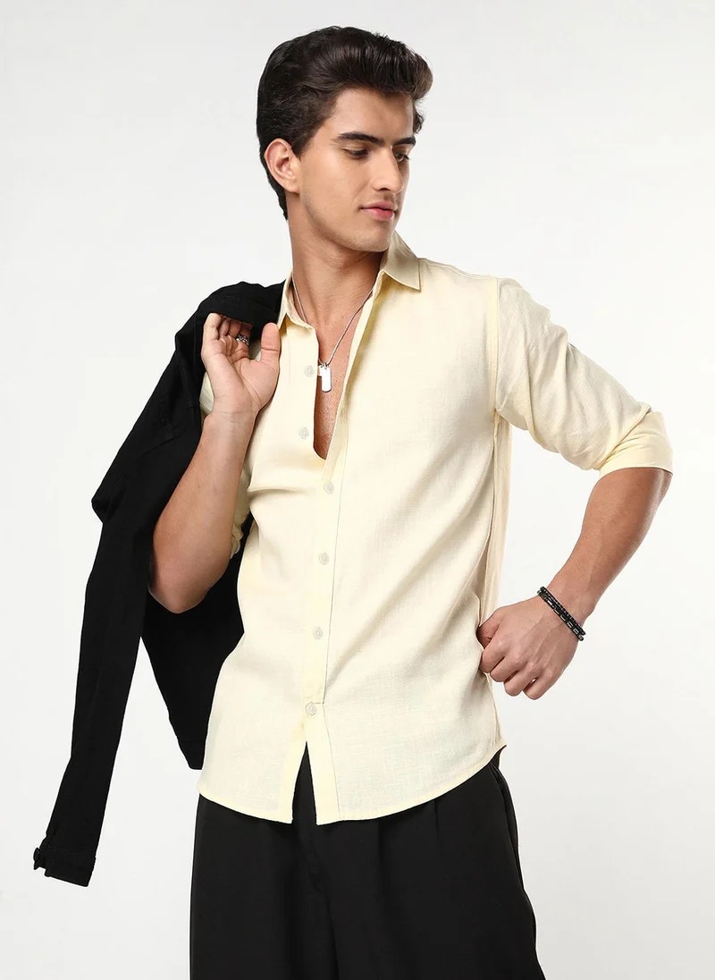 Urbano Fashion  Urbano Fashion Men's Tender Yellow Linen Blend Full Sleeve Relaxed Fit Casual Solid Shirt for Men | Best Price UAE