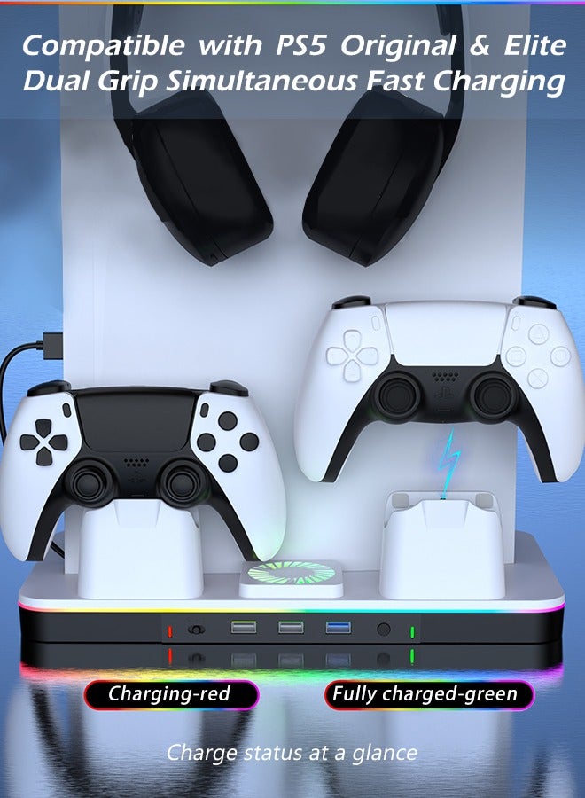PS5 / PS5 Slim Stand and Cooling Station with Controller Charging Station for Sony Playsation 5 Slim&Standard Disc/Digital Console PS5 Accessories Incl Cooling Fan, RGB LED, USB Hubs, Headset Holder,Game Slot - Image 3