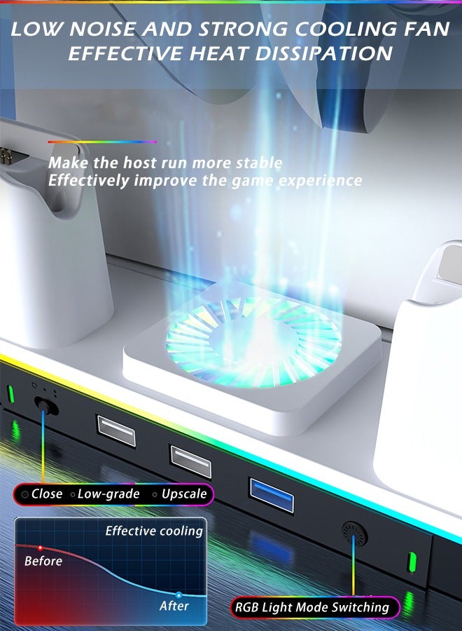 PS5 / PS5 Slim Stand and Cooling Station with Controller Charging Station for Sony Playsation 5 Slim&Standard Disc/Digital Console PS5 Accessories Incl Cooling Fan, RGB LED, USB Hubs, Headset Holder,Game Slot - Image 4