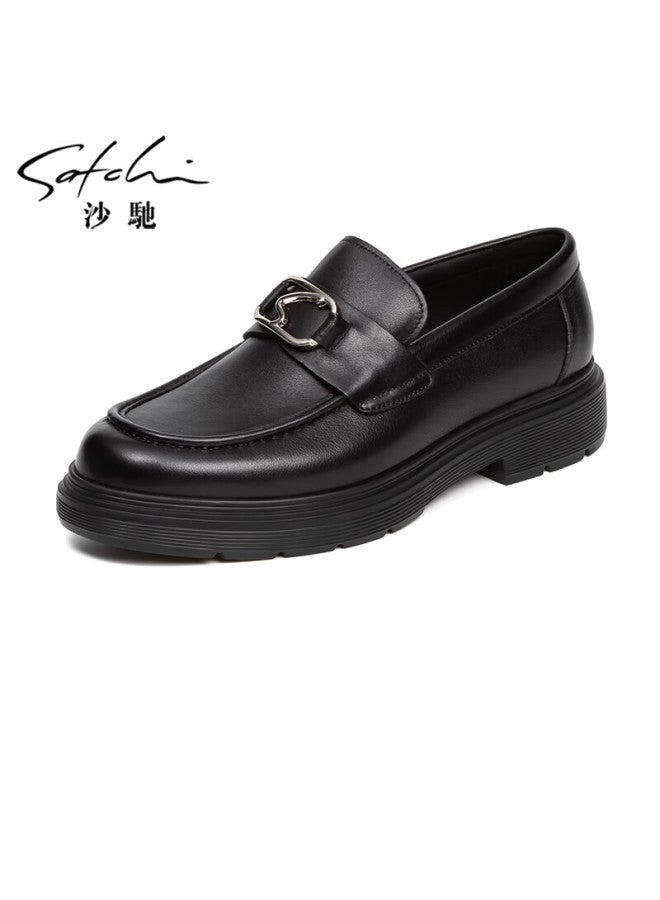 Satchi Men's High-end Leather Shoes Thick-soled Business Casual Loafers 212482219z Black Size 40 - Image 1