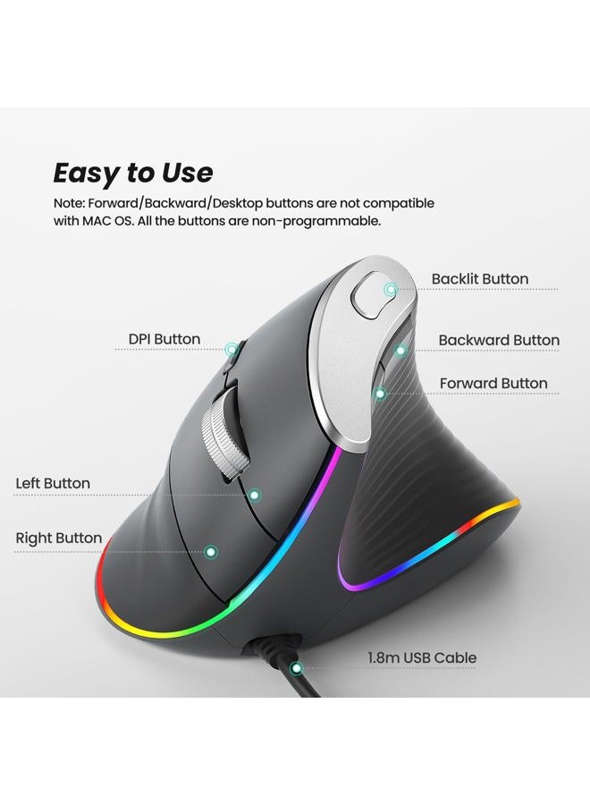 Nulea Wired Vertical Mouse, Ergonomic USB Optical Mouse with 4 Adjustable DPI 11 RGB Backlight Modes, Compatible with Laptop, PC, Desktop Computer, Mac, Grey - Image 4