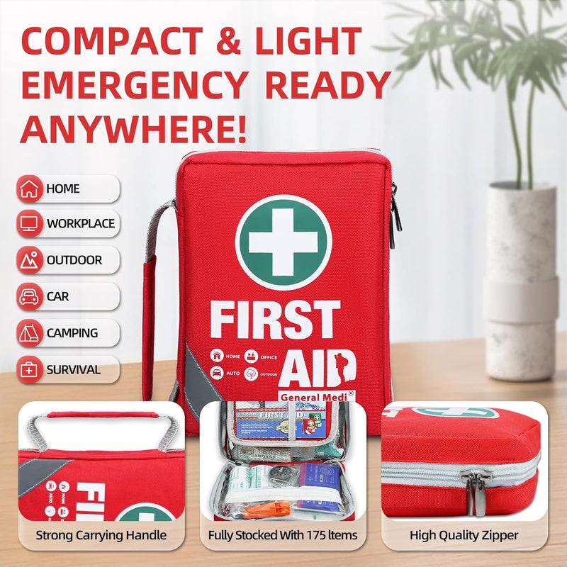 General Medi First Aid Kit - Small Compact First Aid Kit Bag(175 Piece) - Reflective Bag Design- Includes Instant Cold Pack, Emergency Blanket for Travel, Home, Office, Vehicle,Camping - Image 4