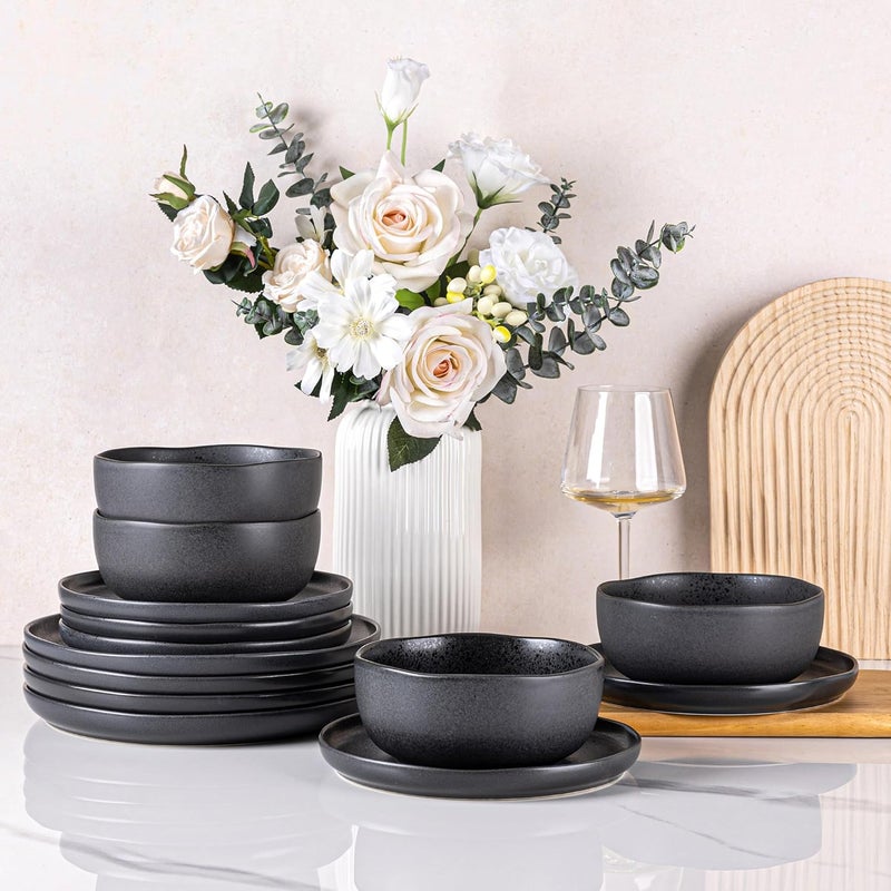 AmorArc Ceramic Dinnerware Sets Wavy Rim Stoneware Plates and Bowls Sets Highly Chip and Crack Resistant  Dishwasher  Microwave Dishes set Service for 4 12pcSpeckled Matte Black - Image 1