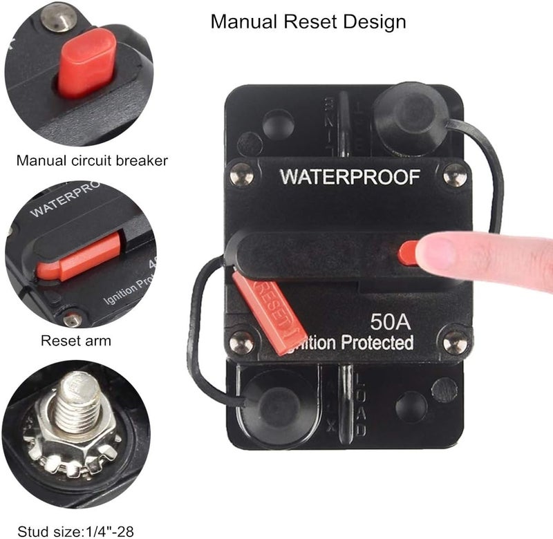 OUHL 50 Amp Circuit Breaker Manual Reset 30-250A for Car Truck Rv ATV Marine Trolling Motors Boat Vehicles,12V-48V DC Waterproof (50A) - Image 3