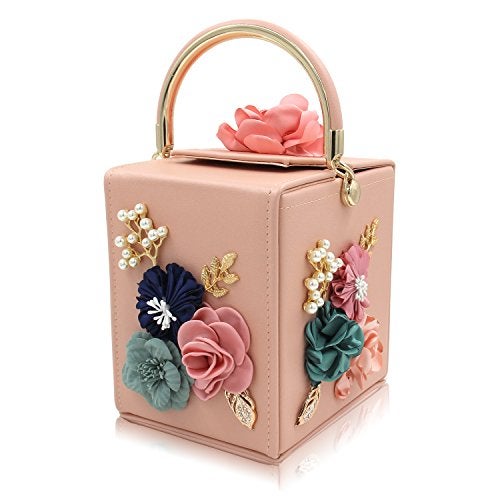 Milisente Evening Clutch Bag for Women Floral Square Box Evening Bags Crossbody Shoulder handBags Flower Wedding Clutch Purse (Light Pink) - Image 1