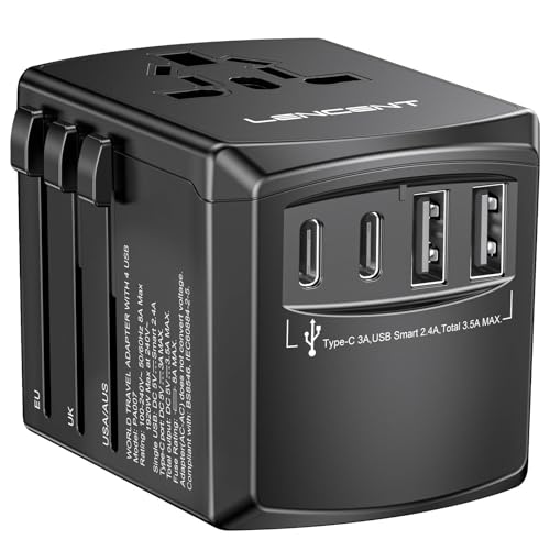 LENCENT Universal Travel Power Adapter, International AC Plug Adaptor with 2 USB C 2 USB A Ports Wall Charger Worldwide Travel Essentials for US to EU UK Ireland Australia (Type C/G/A/I) Black - Image 1