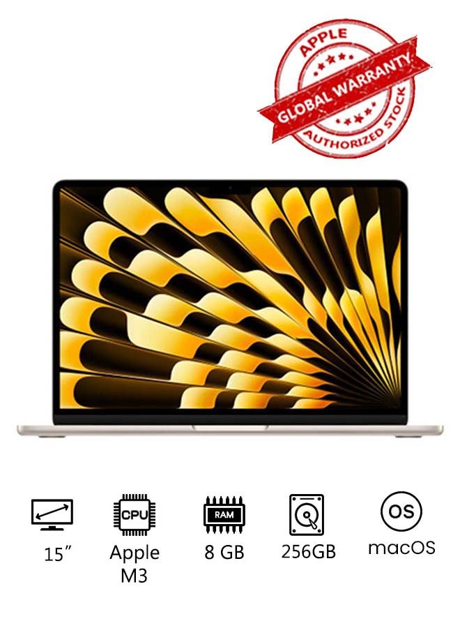 MacBook Air MRYR3 | 15 Inch Display | Apple M3 Chip | 8-Core CPU and 10-Core GPU | 8GB RAM | 256GB SSD | macOS | English And Arabic Keyboard | Starlight