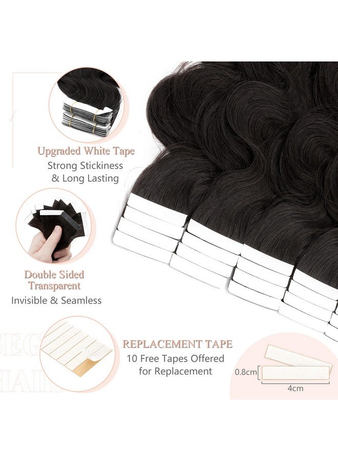 Tape In Hair Extensions Wavy 20 Inch Natural 100% Remy Human Hair Real Seamless Skin Weft Invisible Rooted Double Sided Tape Hair For Women 20Pcs 50G -Natural Black -Body Wave