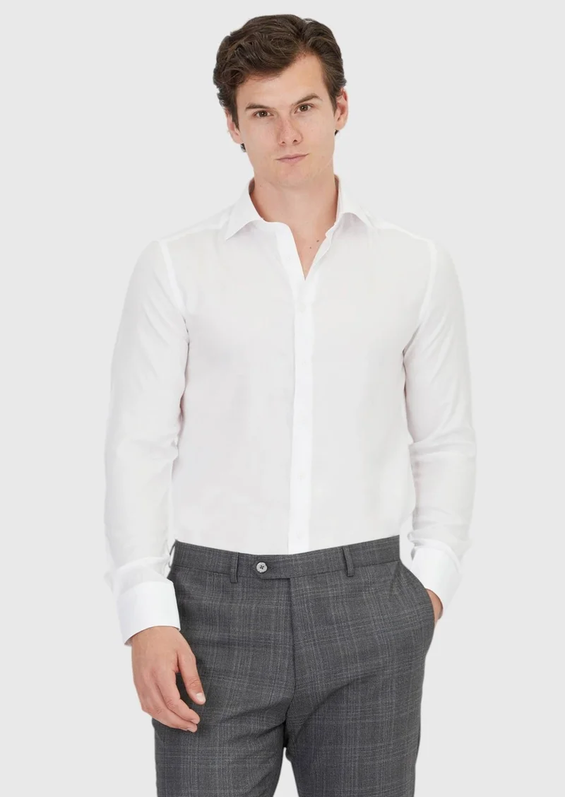 RAMSEY White Plain Regular Fit Long Weaving Classical Shirt