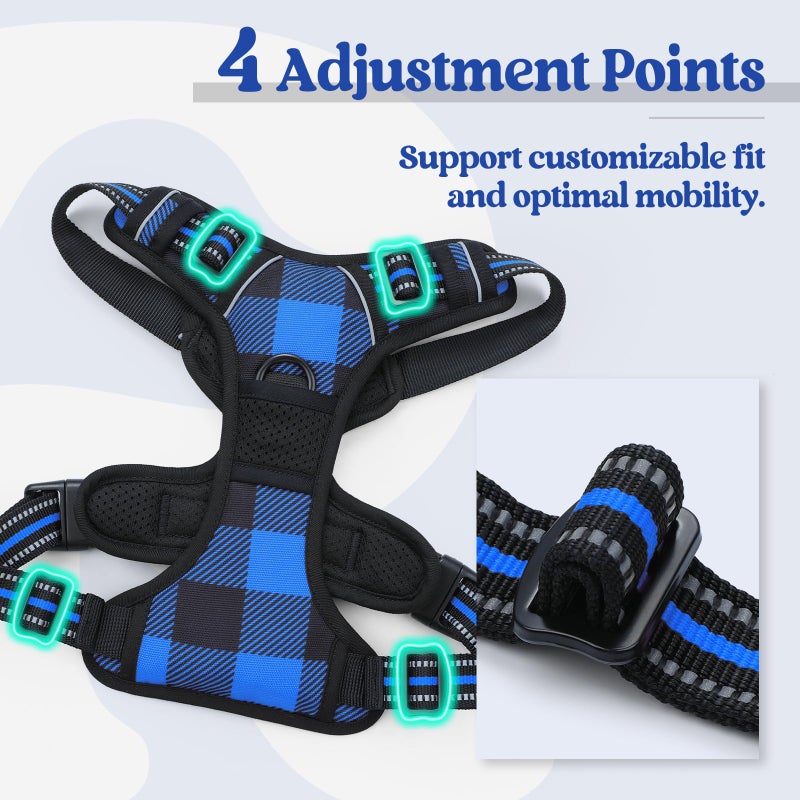 rabbitgoo Dog Harness No Pull with 2 Leash Clips, Adjustable Soft Padded, Reflective Oxford No Choke Pet Vest with Easy Control Handle for Large Dogs, Blue Plaid, L - Image 4