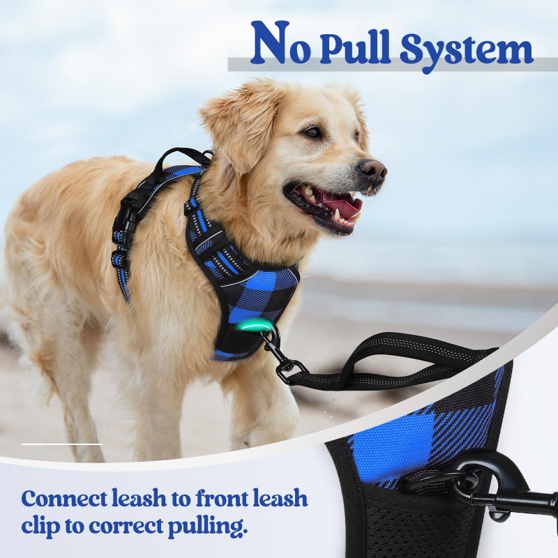 rabbitgoo Dog Harness No Pull with 2 Leash Clips, Adjustable Soft Padded, Reflective Oxford No Choke Pet Vest with Easy Control Handle for Large Dogs, Blue Plaid, L - Image 5