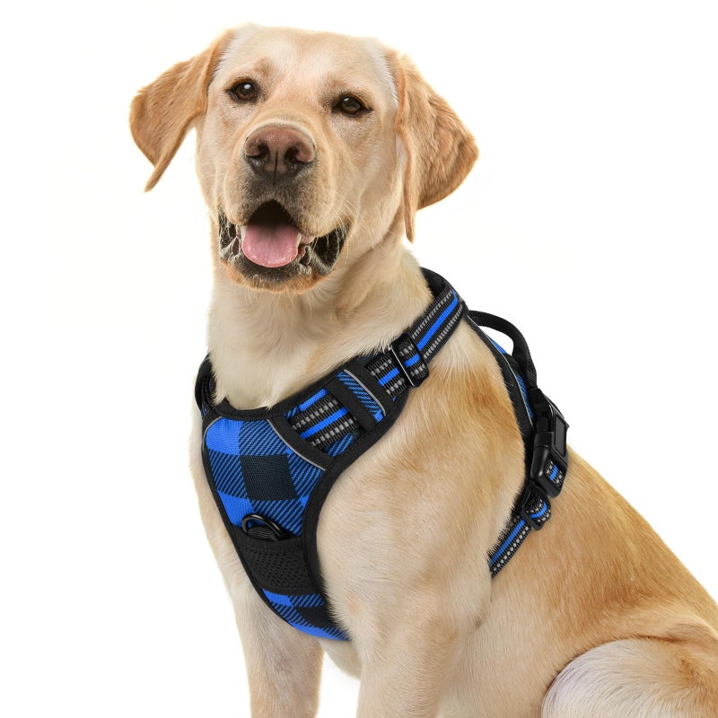 rabbitgoo Dog Harness No Pull with 2 Leash Clips, Adjustable Soft Padded, Reflective Oxford No Choke Pet Vest with Easy Control Handle for Large Dogs, Blue Plaid, L - Image 1
