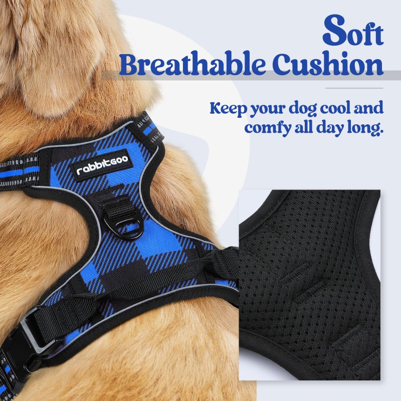 rabbitgoo Dog Harness No Pull with 2 Leash Clips, Adjustable Soft Padded, Reflective Oxford No Choke Pet Vest with Easy Control Handle for Large Dogs, Blue Plaid, L - Image 2