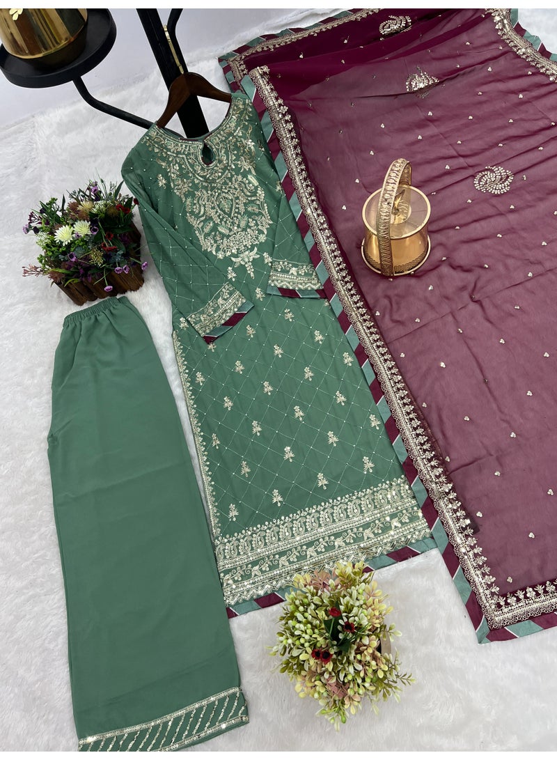 Super Asian Heavy Faux Georgette Embroidered Kurti Set with Diamond & Stone Hand Work | Palazzo & Contrast Dupatta  - Image 3