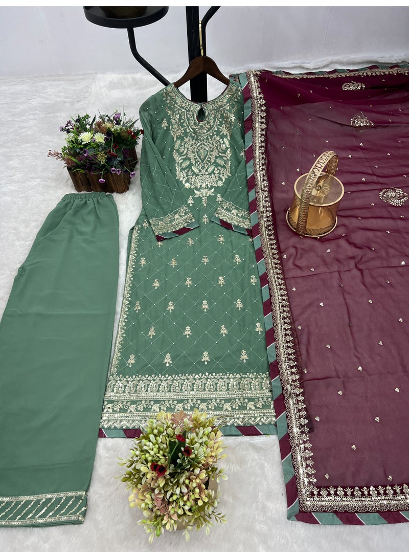 Super Asian Heavy Faux Georgette Embroidered Kurti Set with Diamond & Stone Hand Work | Palazzo & Contrast Dupatta  - Image 1