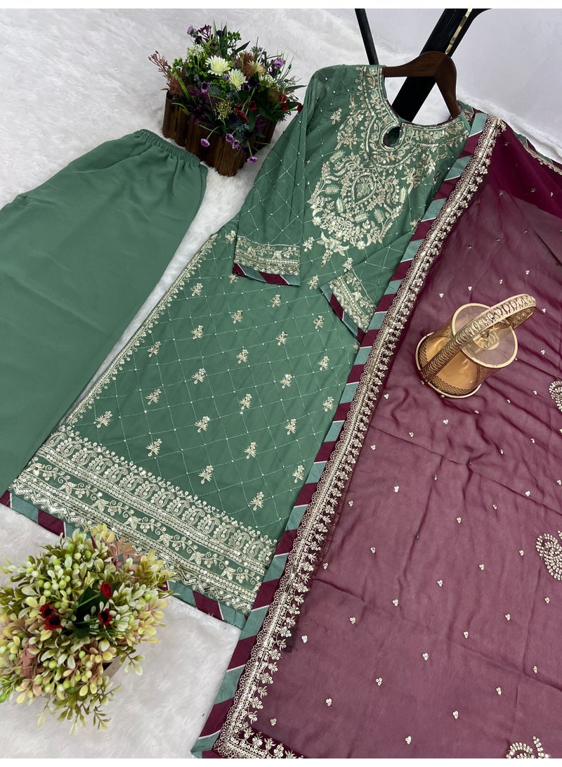 Super Asian Heavy Faux Georgette Embroidered Kurti Set with Diamond & Stone Hand Work | Palazzo & Contrast Dupatta  - Image 4
