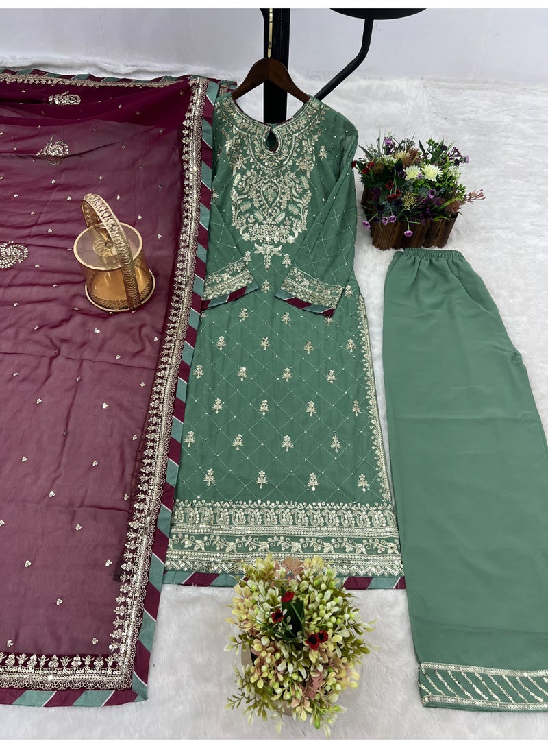 Super Asian Heavy Faux Georgette Embroidered Kurti Set with Diamond & Stone Hand Work | Palazzo & Contrast Dupatta  - Image 2