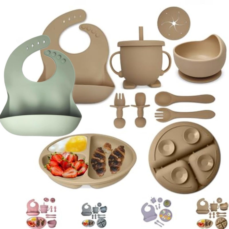 Mutualproducts  Baby Feeding Set 10Piece  Baby Led Weaning Utensils Set Includes Suction Bowl and Plate Baby Spoon and Fork Sippy Cup Straw Lid  2Bibs  Baby Feeding Supplies BBeige