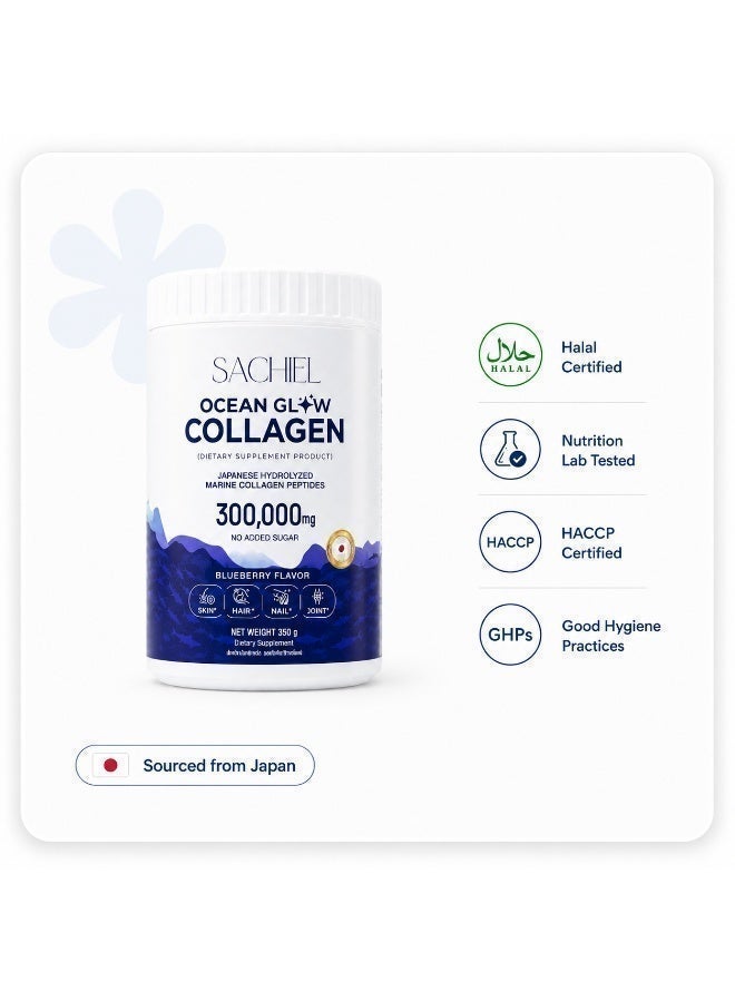Sachiel Ocean Glow Japanese Marine Collagen 300,000mg | Hydrolyzed Fish Collagen Peptides | Anti-Aging & Skin Elasticity Support | Blueberry Flavor | Halal UAE - Image 4