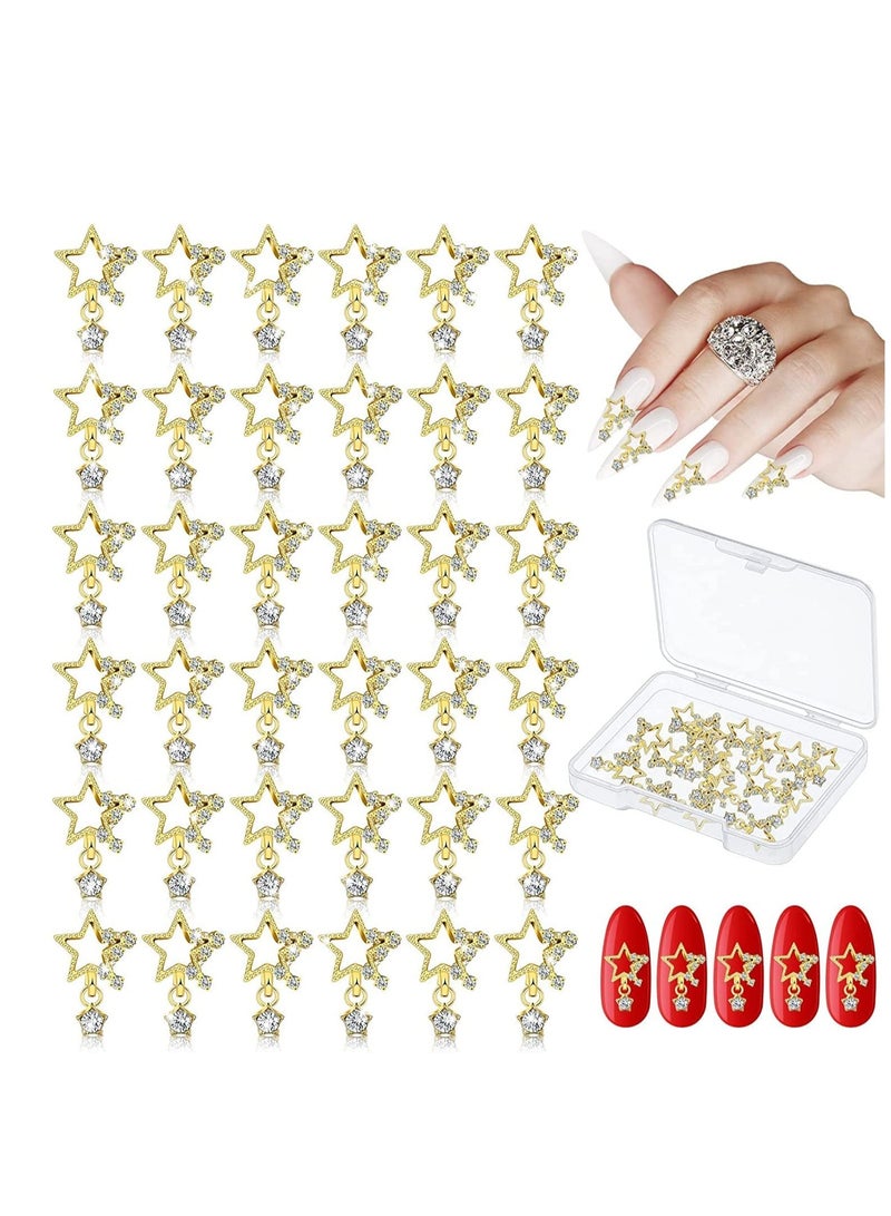 50 قطعة أكرليك 3D من مسامير السحر، نجمة خماسية بمسمار سحر لأحجار الراين، ومسمار مع خرز لؤلؤ وستون بلوري، لوازم أظافر  DIY (ذهبي، نمط خماسي) - Image 1