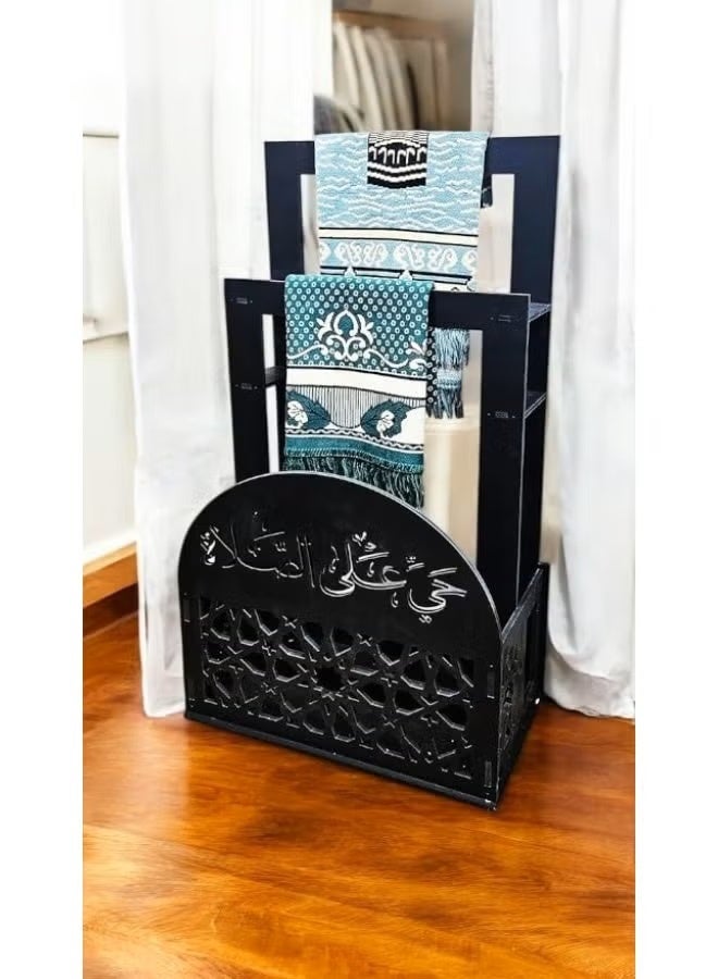 Eworld 2-in-1 Prayer Mat Stand with Built-In Quran Holder | Elegant Black Islamic Design with Arabic Calligraphy | Water & Fireproof - Image 1