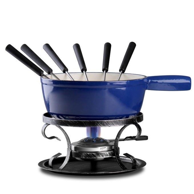 CAST IRON FONDUE POT SET SWISS TRADITIONAL 2L CHEESE CHOCOLATE FONDUE POT FOR 46 PEOPLE IDEAL FOR MELTING CHEESE CHOCOLATES CARAMEL MORE BLUE