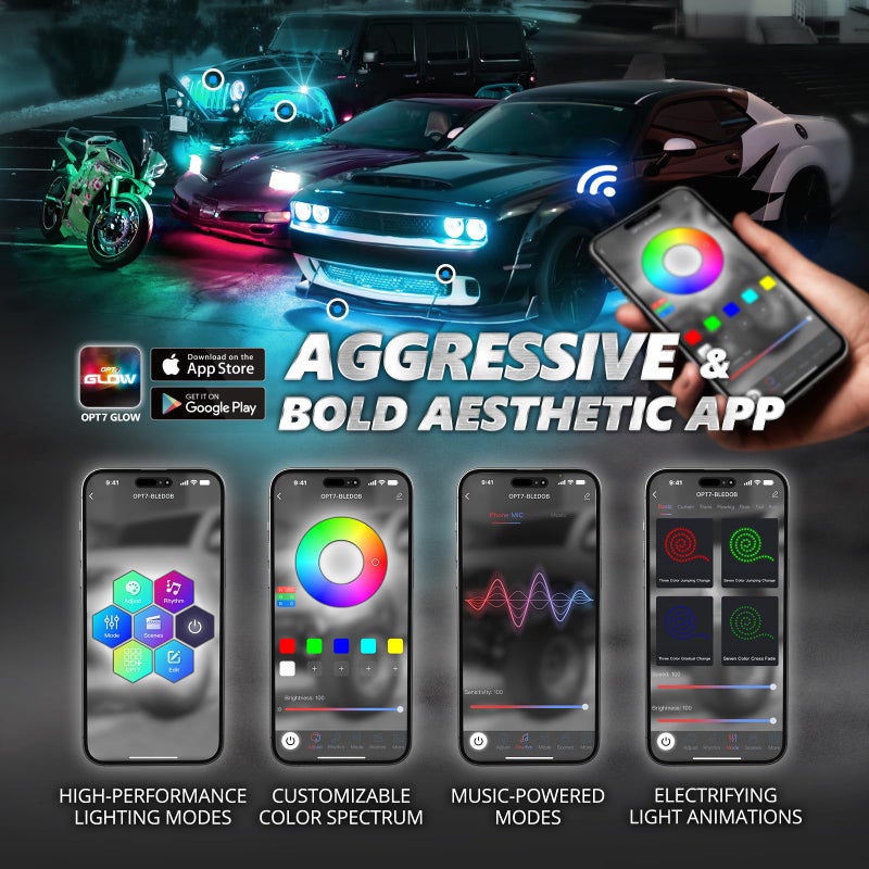 OPT7 Aura Pro RGB LED Grille Lights with App & Remote Control, 4pcs 12" Light Strips, Waterproof Front Grill Valence, Music Sync, Multi-Color Exterior Lighting Kit, Universal for Cars Trucks Vans SUV - Image 2