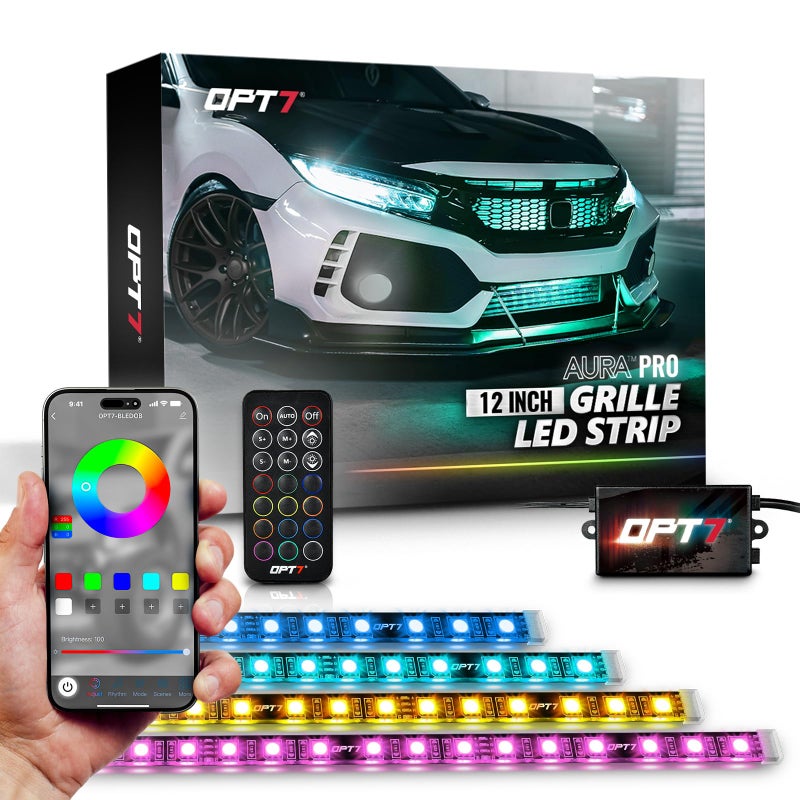 OPT7 Aura Pro RGB LED Grille Lights with App & Remote Control, 4pcs 12" Light Strips, Waterproof Front Grill Valence, Music Sync, Multi-Color Exterior Lighting Kit, Universal for Cars Trucks Vans SUV - Image 1