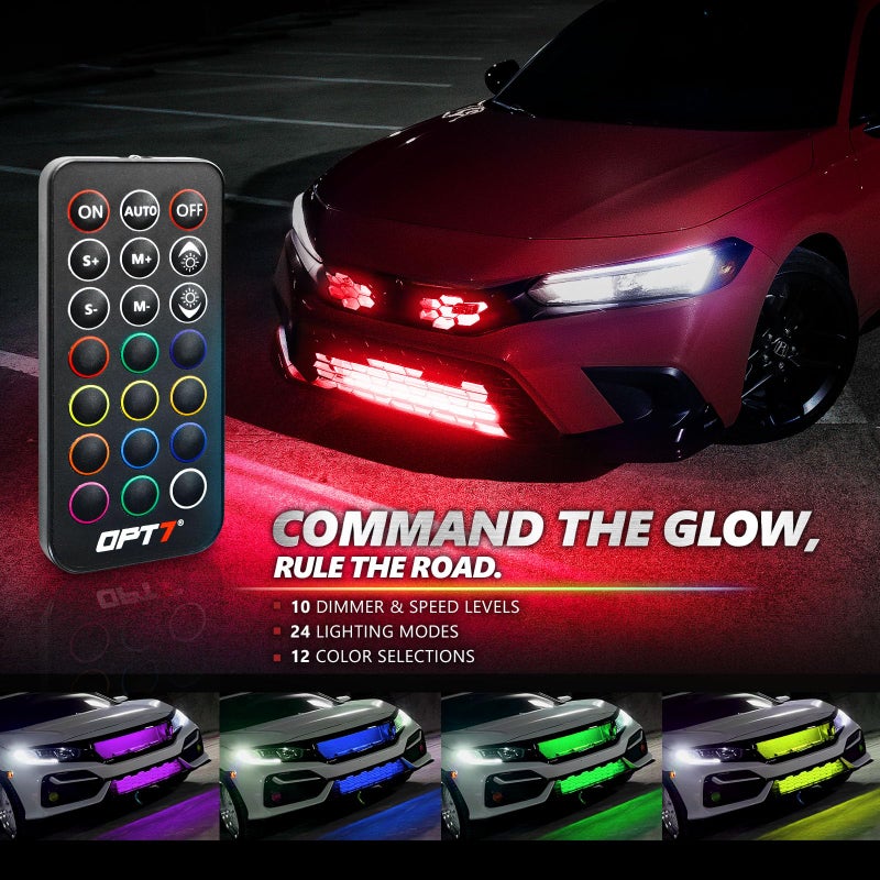 OPT7 Aura Pro RGB LED Grille Lights with App & Remote Control, 4pcs 12" Light Strips, Waterproof Front Grill Valence, Music Sync, Multi-Color Exterior Lighting Kit, Universal for Cars Trucks Vans SUV - Image 3