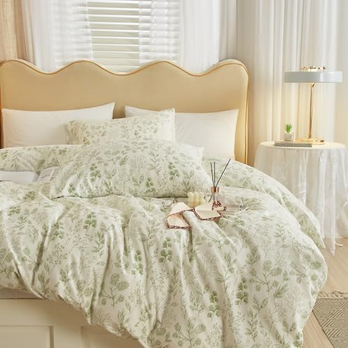 LifeTB Garden Style Green Floral Comforter Set Full Size White Soft Fluffy Microfiber Comforter Chic Floral Printed Bedding Set Vintage Flowers Leaves Botanical Comforter Set All Seasons Full Comforter Set - Image 1