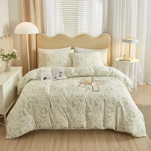 LifeTB Garden Style Green Floral Comforter Set Full Size White Soft Fluffy Microfiber Comforter Chic Floral Printed Bedding Set Vintage Flowers Leaves Botanical Comforter Set All Seasons Full Comforter Set - Image 3