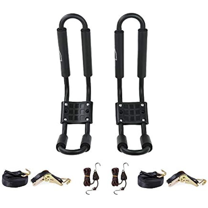 rayihni J-Bar Rack for Kayak Canoe Boat Carrier Roof Top Mount on Car SUV Truck Crossbar with 16 Ft Ratchet Lashing Straps & 10 Ft Ratchet Bow and Stern Tie Down Straps - Image 1