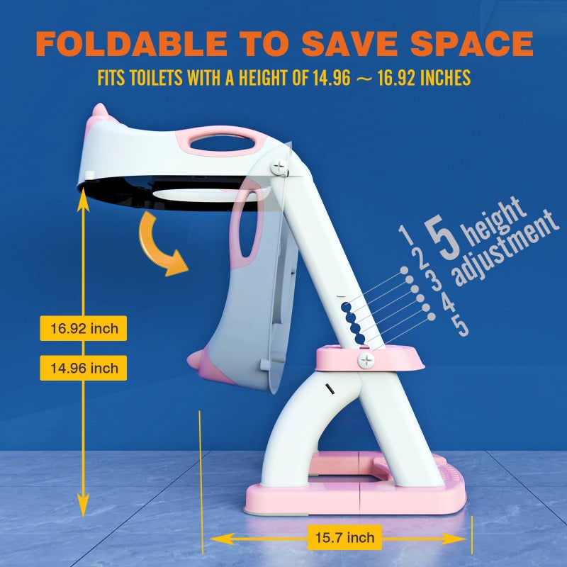 SKYROKU كرسي تدريب الأطفال على المرحاض SKYROKU، قاعدة مستقرة على شكل قطاع جديدة، مقعد مرحاض للأطفال 2 في 1 مع واقي رذاذ، وسادة مضادة للانزلاق، ودرج خطوة باللون الوردي - Image 4