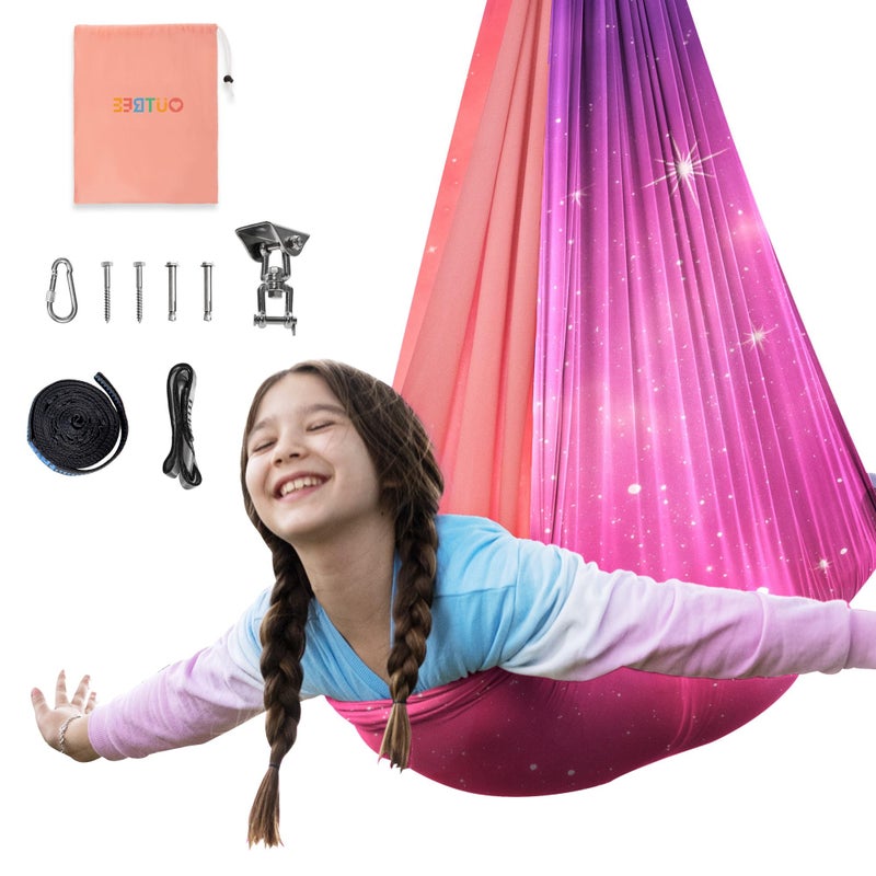 OUTREE Sensory Swing for Kids Double Layer Therapy Hammock Indoor Swing with 360 Swivel Hanger Kit and Adjustable Straps Autism Sensory Product for Autism ADHD or SPD Pink StarrySky Printed