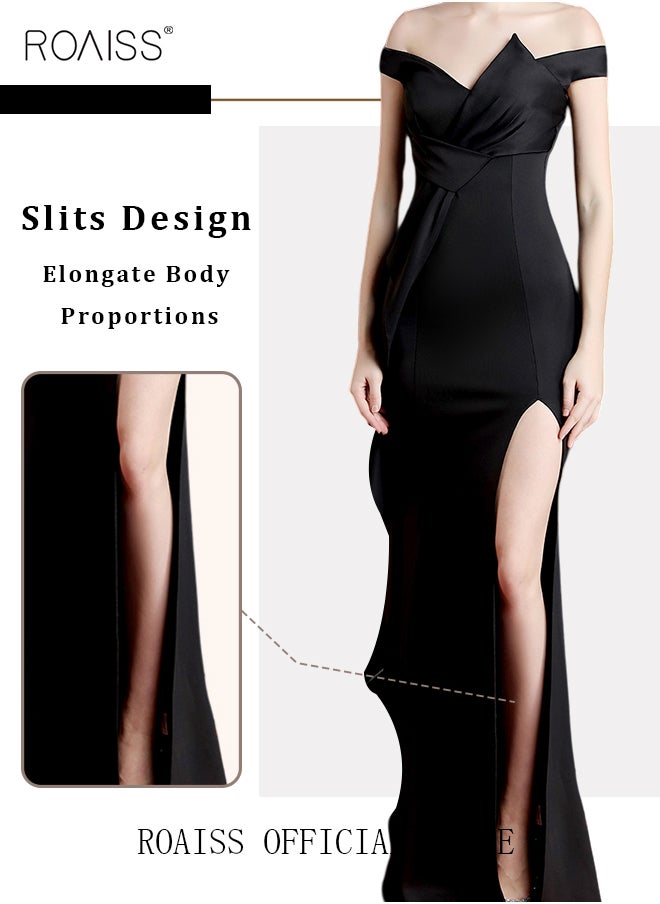 roaiss - Off Shoulder Evening Dresses Floor Length Mermaid Style Prom Ball Gown Wedding with Split Front Elegant Slim Long formal Dresses Bridesmaid Dress - Image 1
